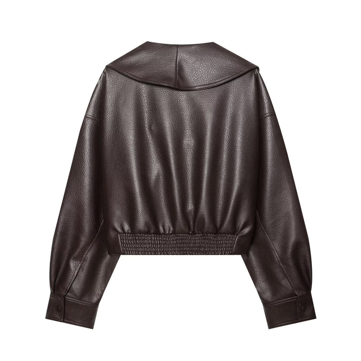 Damen Kurzer Kunstlederblouson mit weitem Schalkragen und Taillenriegel Drune