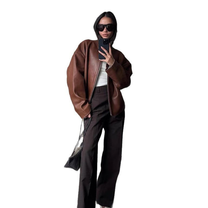 Damen Oversized Lederblouson mit soften Teddy-Innenfutter und Verdeckt-Reißverschluss Drune
