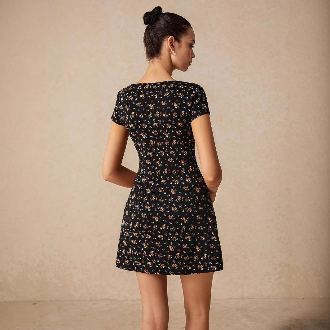 Damen Kurzarm Kleid mit blumigem Schnitt und Wickeldetails Drune
