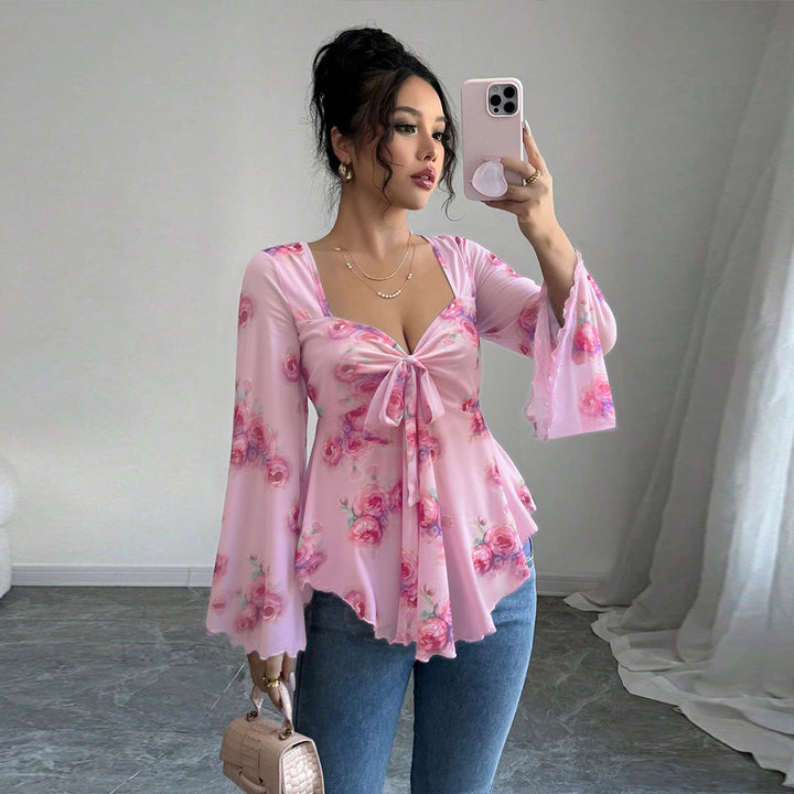 Damen florales Chiffon-Top mit Bindeschleife, Herzausschnitt, ausgestellten Glockenärmeln und tailliertem Schößchen Drune