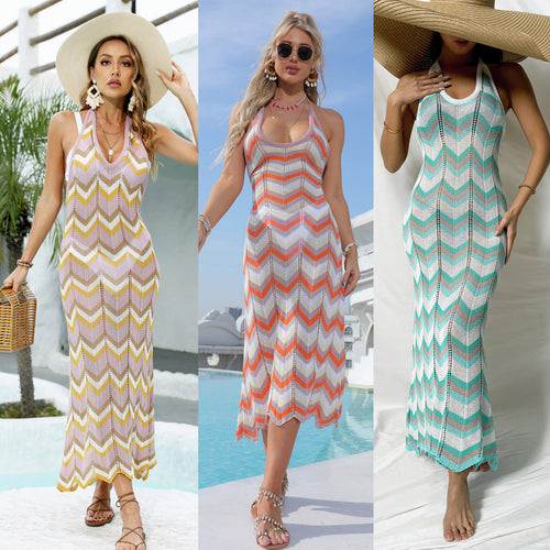 Damen Häkel-Maxikleid mit Chevron-Muster Drune