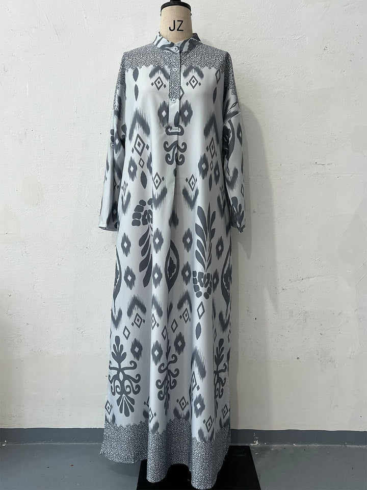 Damen maxilanges Kleid mit elegantem Muster und Knopfdetails Drune