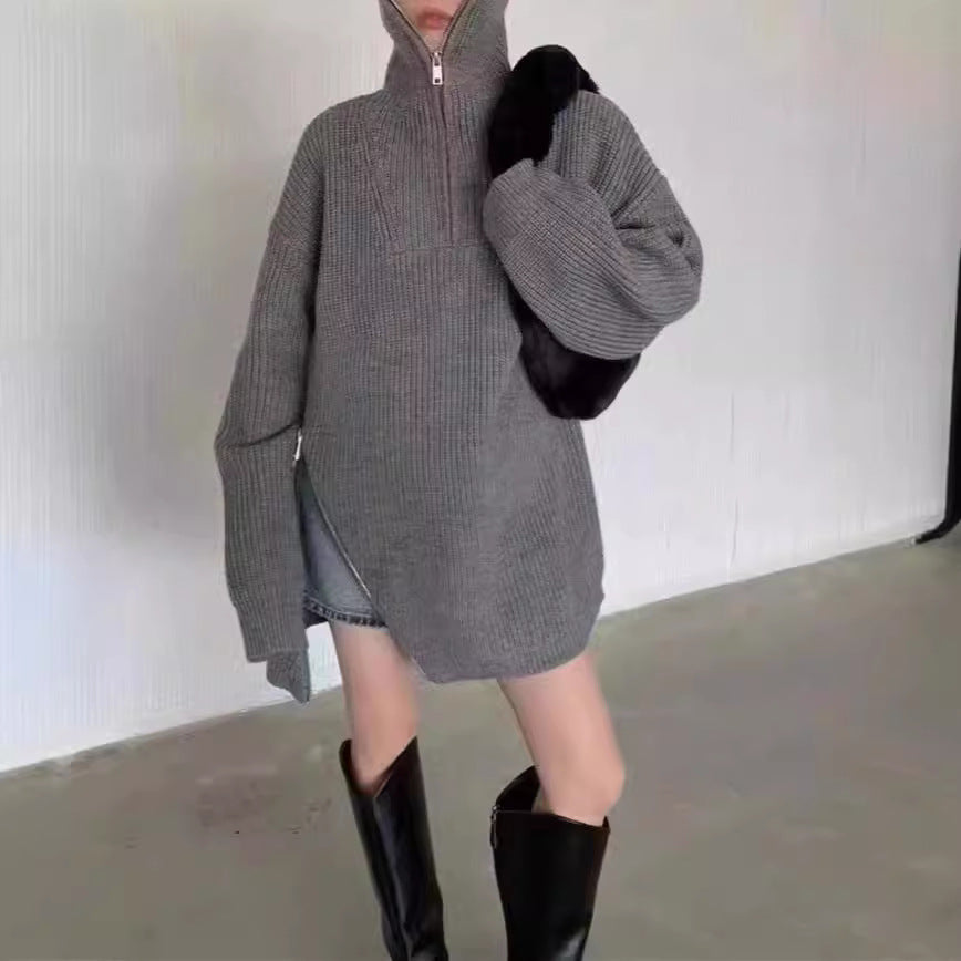 Damen Oversized Strickpullover mit Reißverschluss und seitlichen Schlitzen Drune
