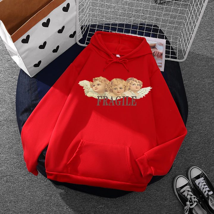 Damen nan leichter Oversize Kapuzenpullover mit Herz‑EKG‑Motiv, langen Kordeln und elastischem Bund Drune