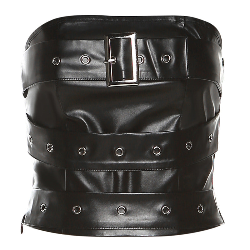 Damen Couture Oberteil aus Leder mit dekorativen Schnallen und Ösen Drune