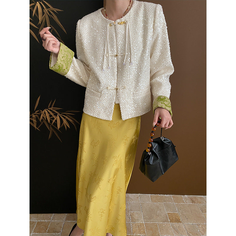Damen Elegante Bouclé-Jacke mit Pailletten und kontrastierenden Ärmeln Drune