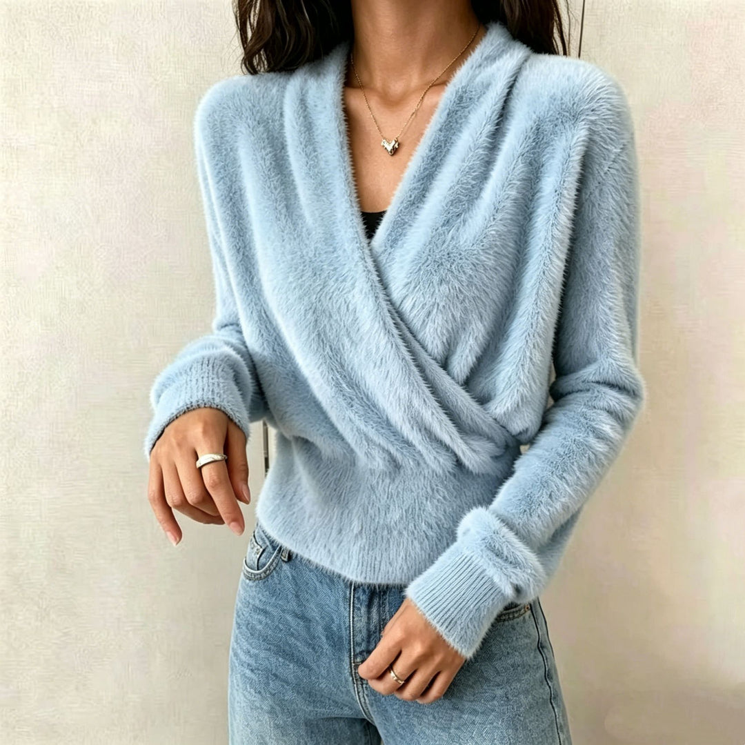 Damen Kuscheliger Wickel‑Pullover aus Faux‑Fur mit tiefem V‑Ausschnitt Drune