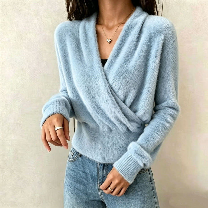 Damen Kuscheliger Wickel‑Pullover aus Faux‑Fur mit tiefem V‑Ausschnitt Drune