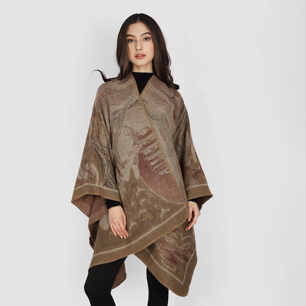 Damen Jacquard‑Strickcape mit floraler Grafik und asymmetrischem Saum Drune