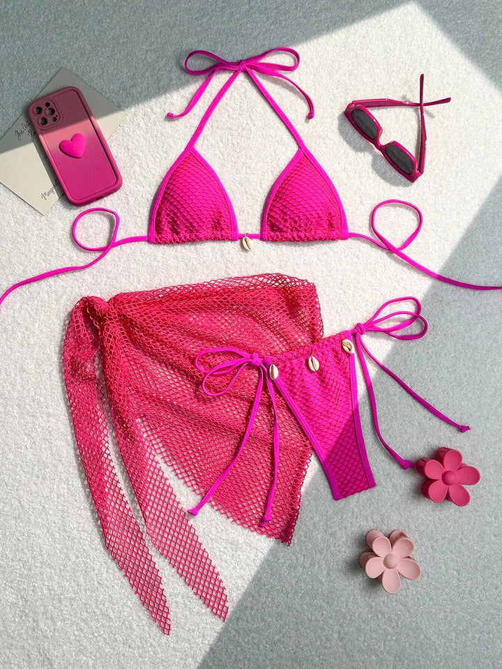 Damen Triangel-Bikini mit transparentem Netzgewebe und Schnürdetails Drune