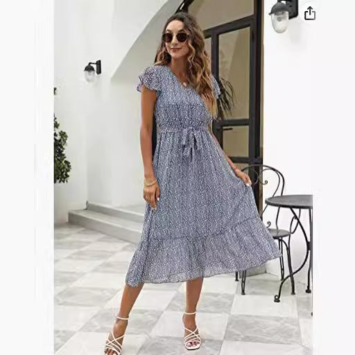 Damen Midi-Kleid mit floralem Design und Taillengürtel Drune
