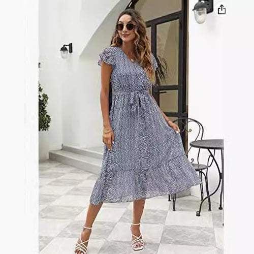Damen Midi-Kleid mit floralem Design und Taillengürtel Drune