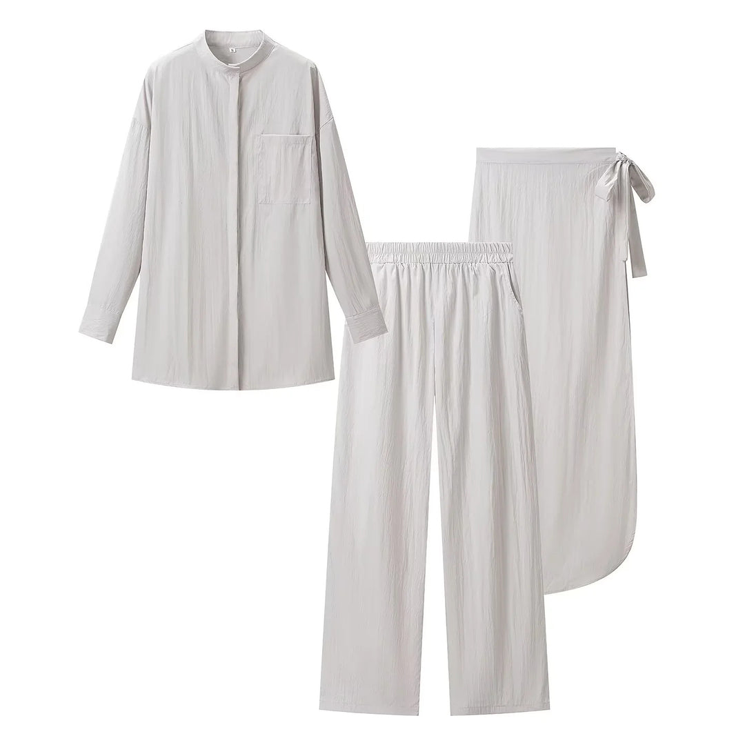 Damen nan luxuriöses Lounge-Dreiteiler-Set mit Oversize-Hemd, Elastikbund-Hose und Wickelrock Drune