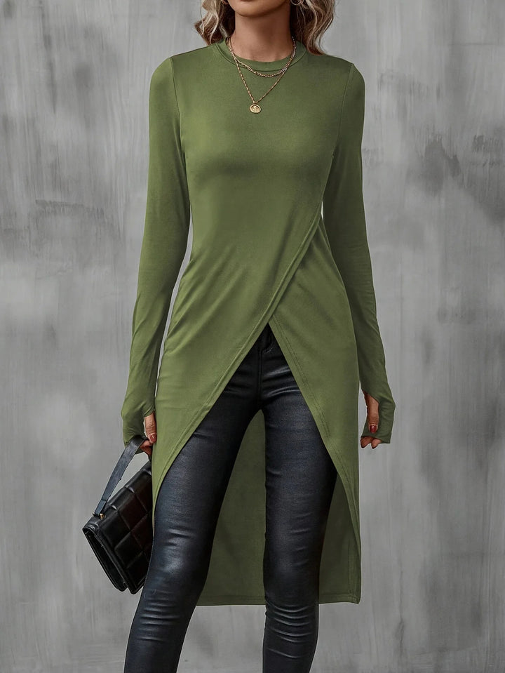 Damen Langes asymmetrisches Wickel-Tunika-Top mit Frontschlitz Drune