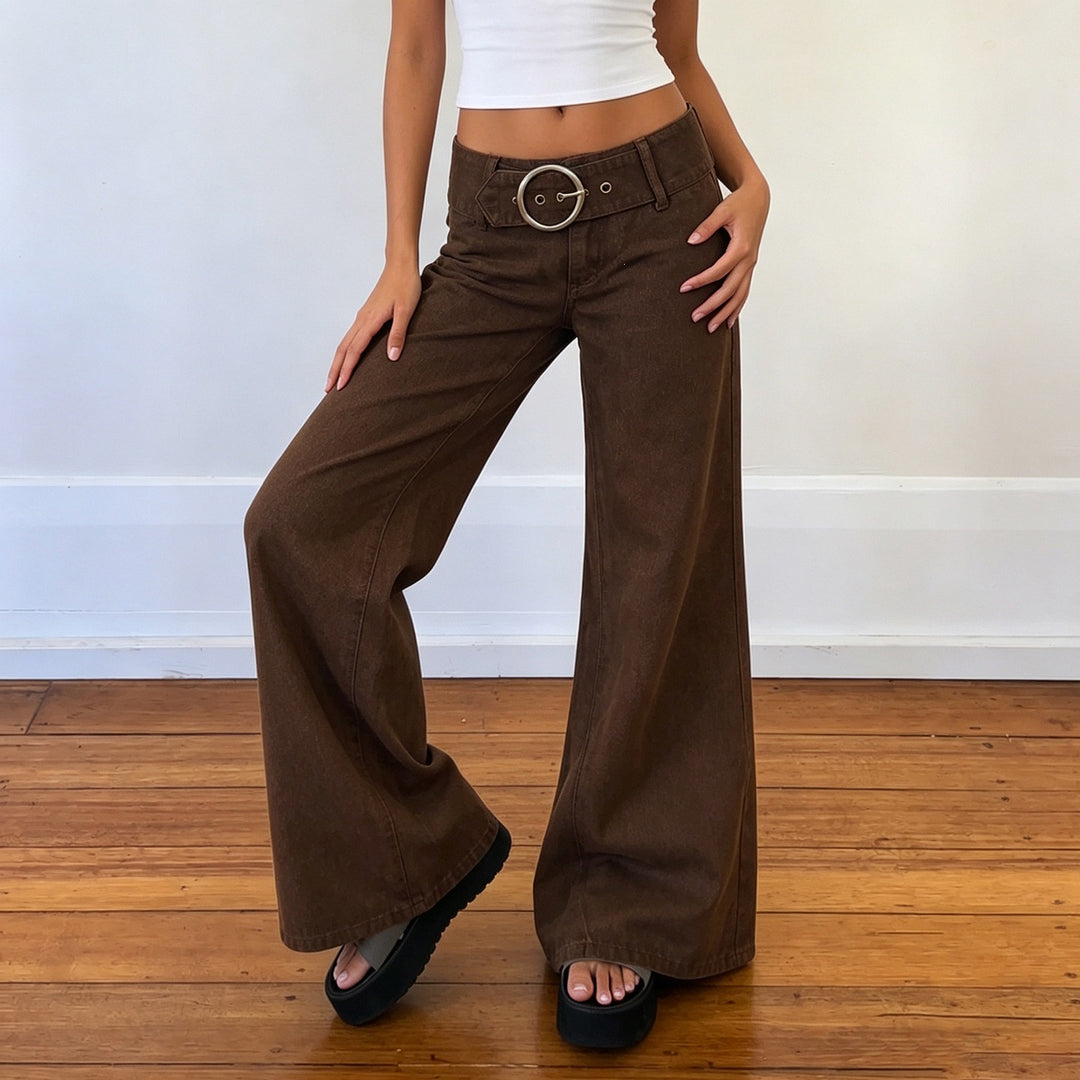 Damen High‑Waist Schlaghose aus beschichtetem Denim mit weitem Bein und Statement‑Gürtel Drune