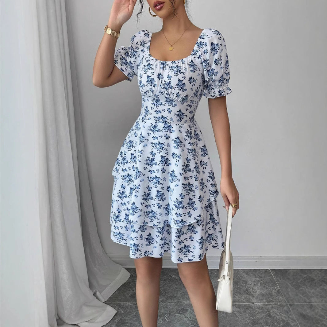 Damen Blütenprint Minikleid mit voluminösen Puffärmeln und schwingendem Saum Drune