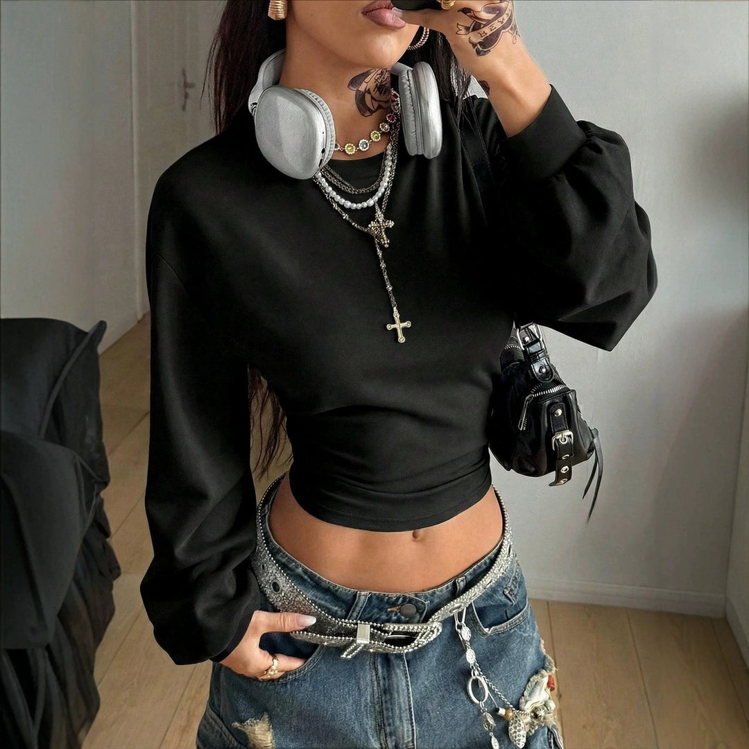 Damen Cropped Sweatshirt mit Taillenraffung und weiten Raglanärmeln Drune