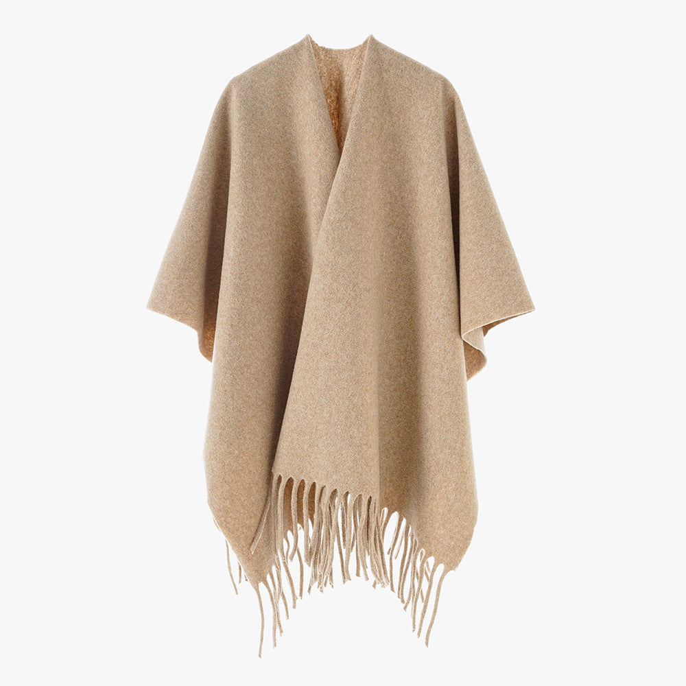 Damen Kaschmir‑Optik Capeponcho mit Fransen und offenem Oversize‑Schnitt Drune