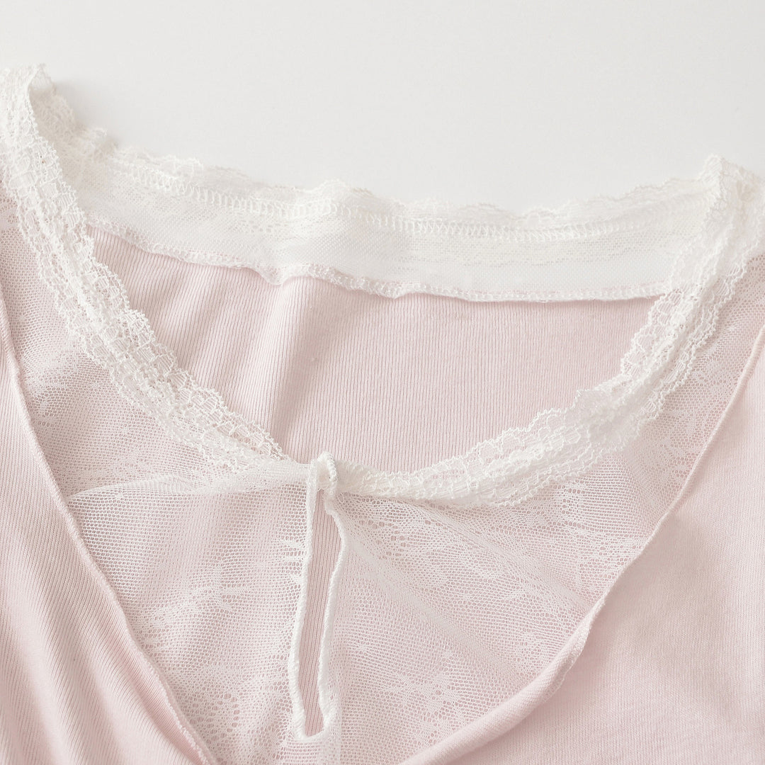 Damen Langarm-Feinjersey-Top mit Spitzen-Einsatz, Knotenfront und Raffung Drune
