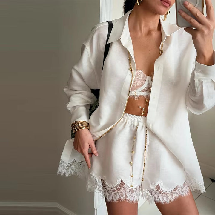 Damen nan zweiteiliges Satin-Pyjama-Set mit Hemdbluse, Gummibund-Shorts und Spitzenbesatz Drune