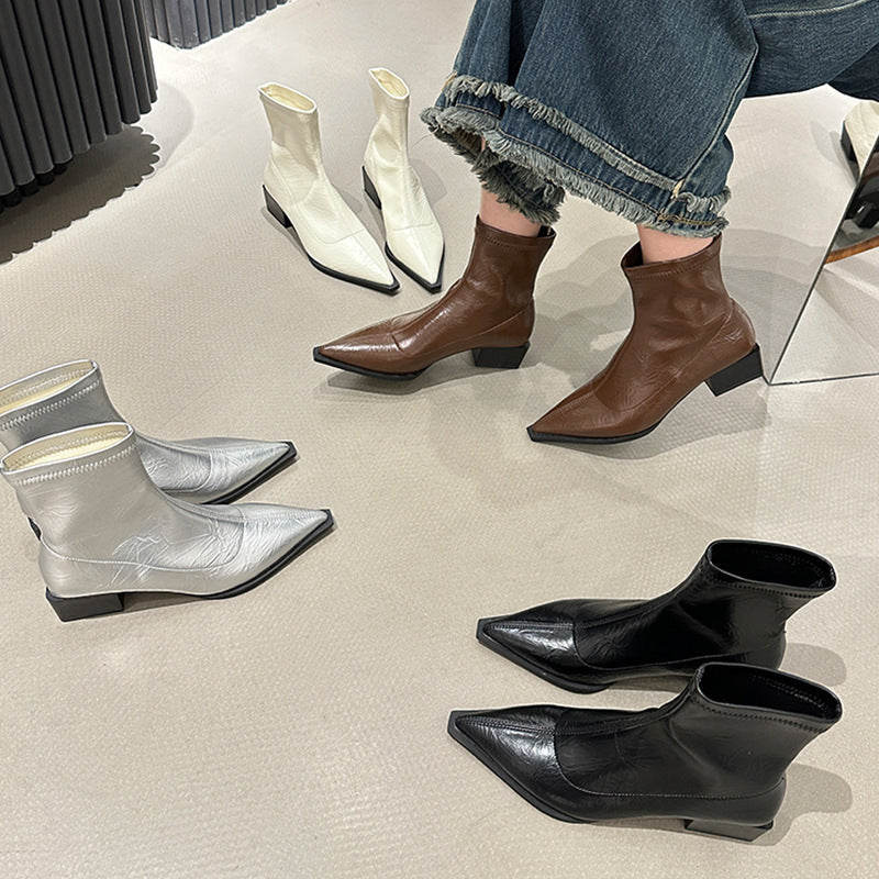Damen elegante Stiefeletten mit spitzem Zehenbereich und Blockabsatz Drune
