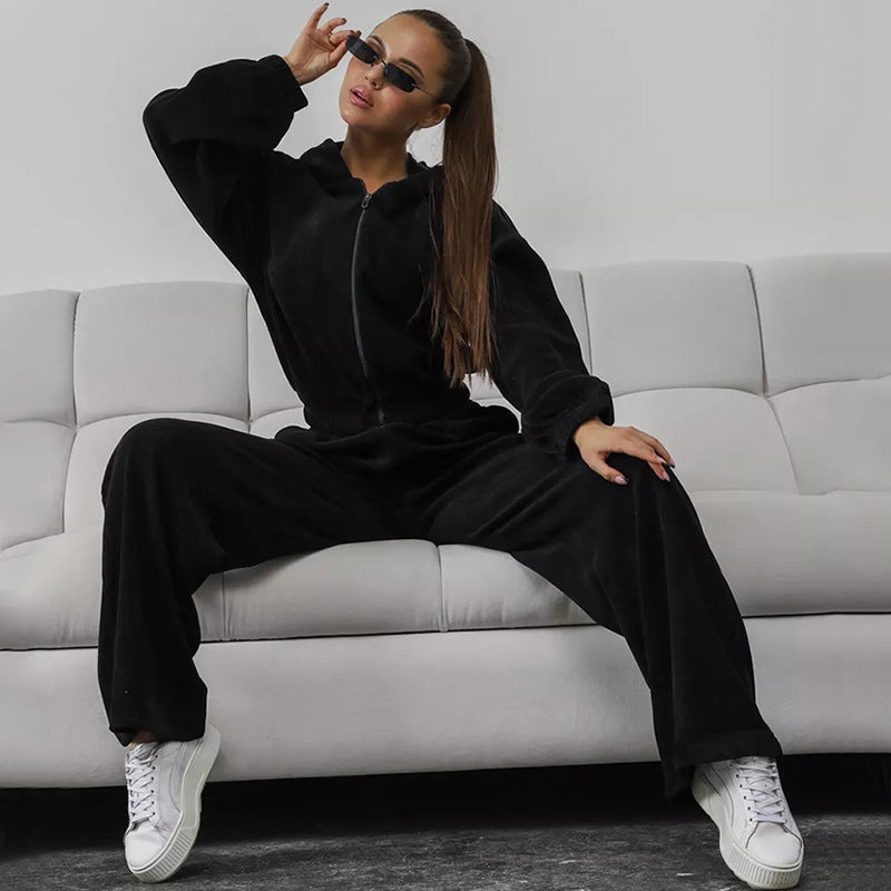 Damen Velours-Loungewear-Set mit kurzem Reißverschluss-Hoodie und weiter hochgeschnittener Palazzohose Drune