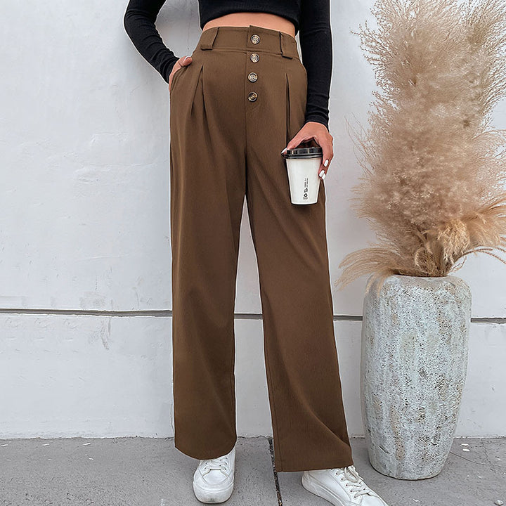 Damen Hochtaillierte weite Stoffhose mit Zierknopfleiste und Bundfalten Drune