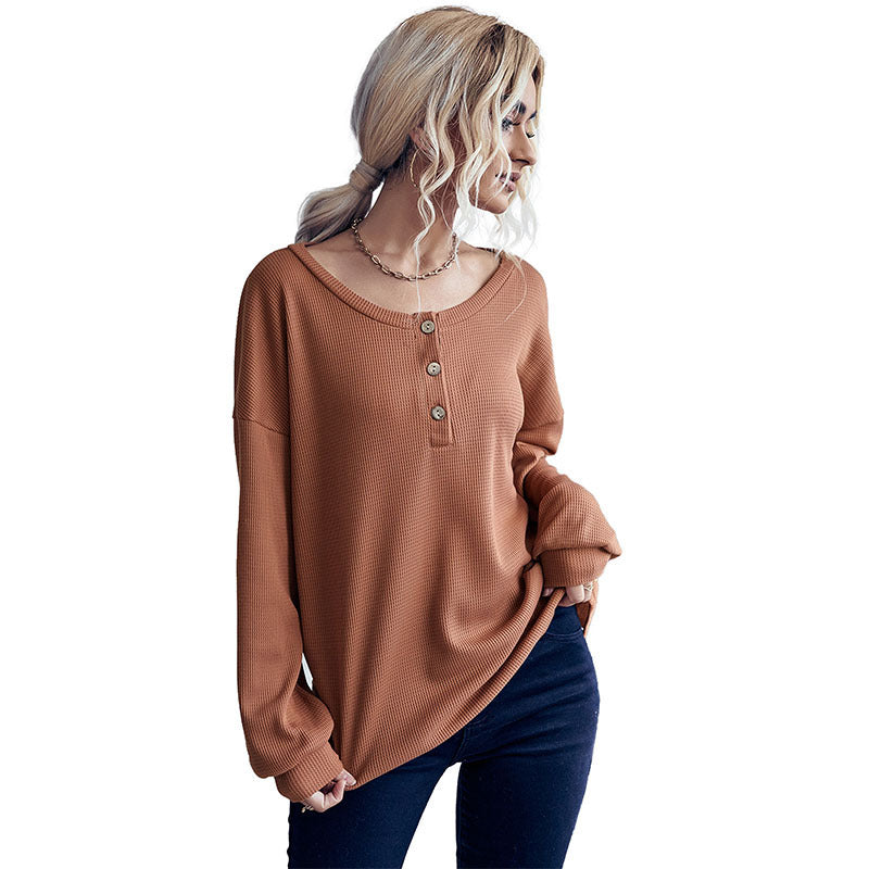 Damen Waffelstrick-Pullover mit Henley-Knopfleiste und überschnittener Schulter Drune