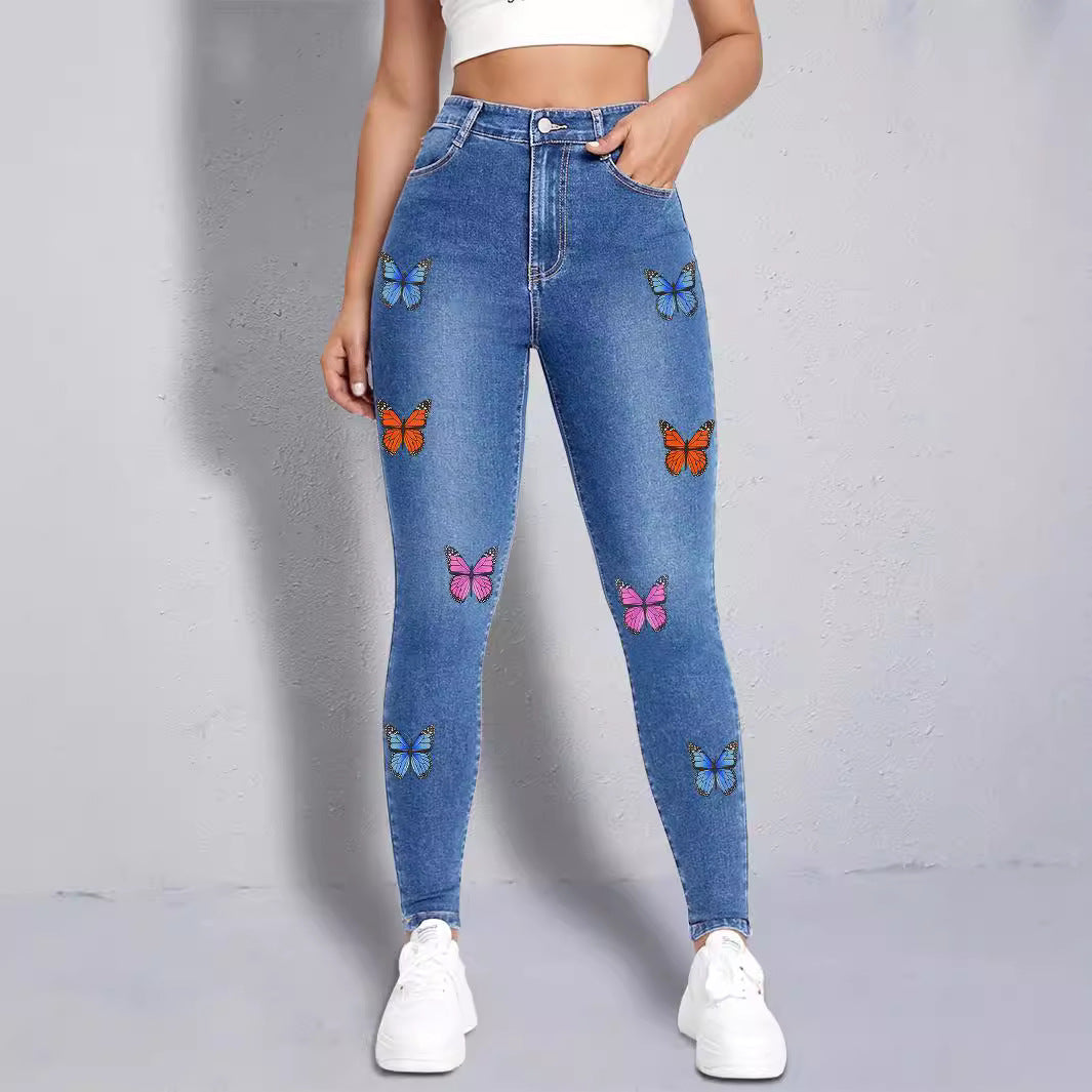 Damen enganliegende High‑Waist Jeansleggings mit buntem Schmetterling-Print Drune