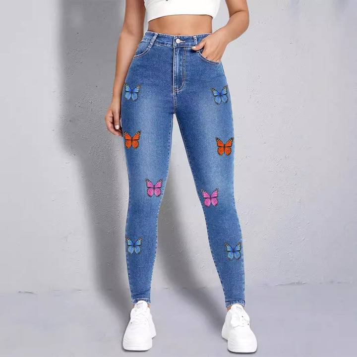 Damen enganliegende High‑Waist Jeansleggings mit buntem Schmetterling-Print Drune