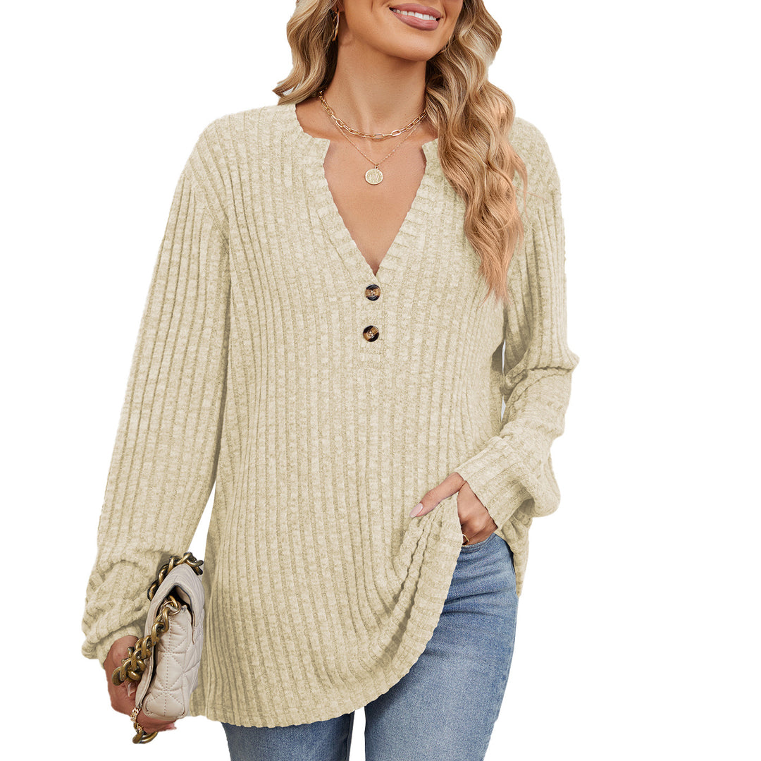 Damen Langarmshirt mit strukturiertem V-Ausschnitt und Knopfdetails Drune