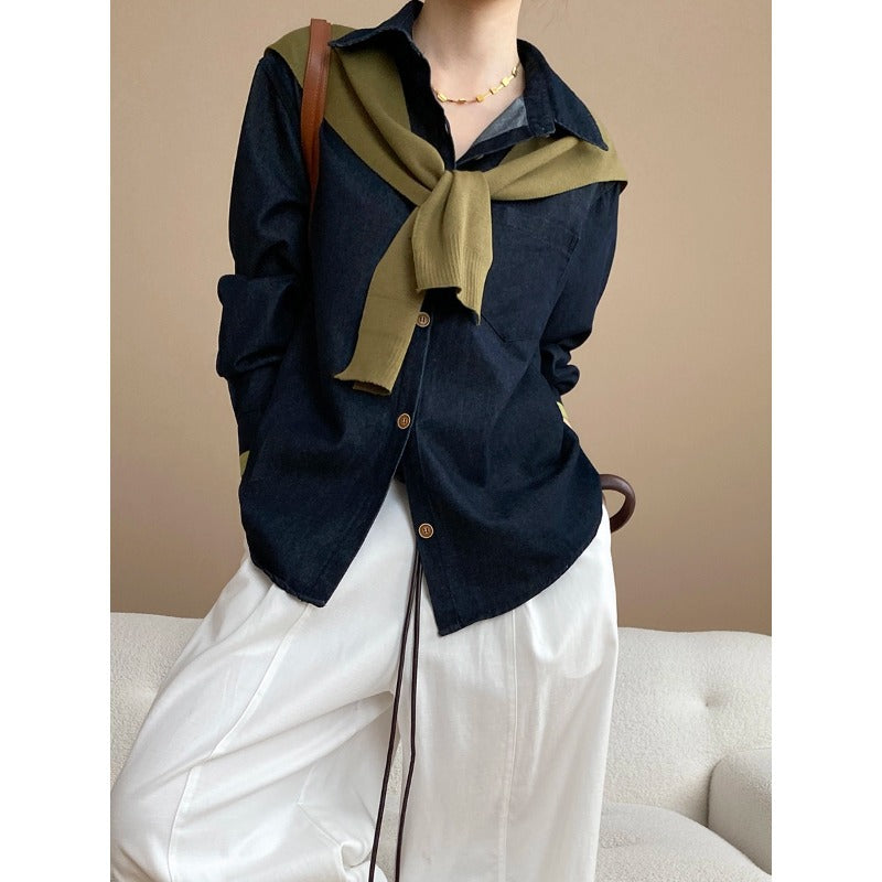 Damen klassische Bluse mit modischem Pullover-Einsatz Drune
