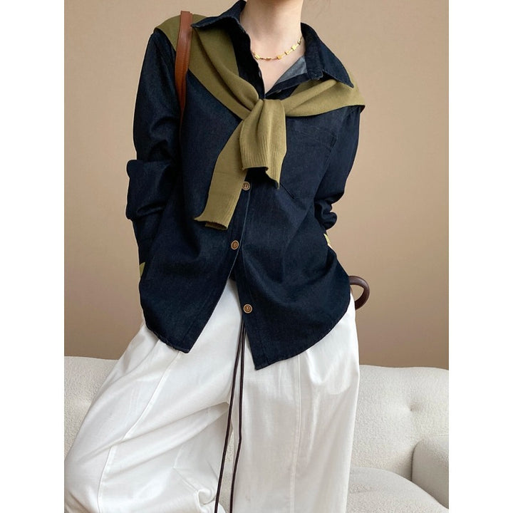Damen klassische Bluse mit modischem Pullover-Einsatz Drune