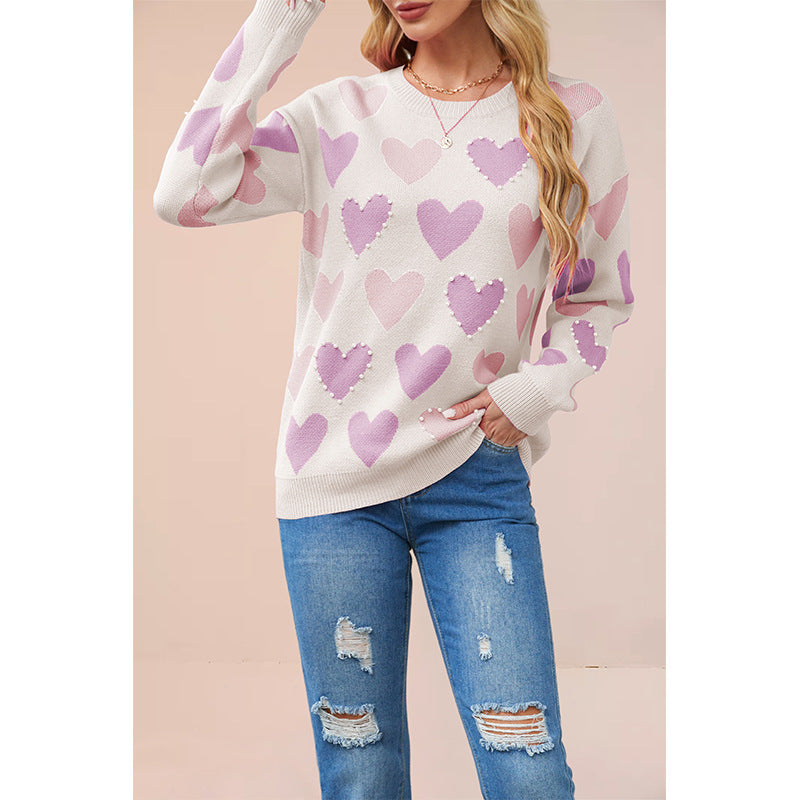 Damen Strickpullover mit Herzmuster und Perlendetails Drune