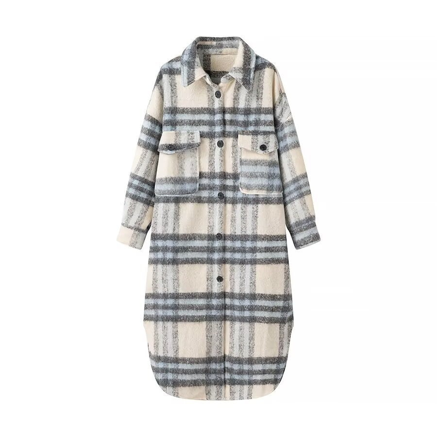 Damen Modischer Oversized-Wollmantel mit Karomuster Drune