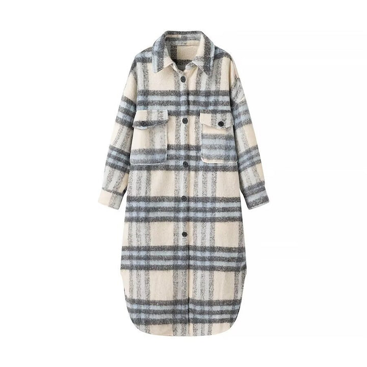 Damen Modischer Oversized-Wollmantel mit Karomuster Drune