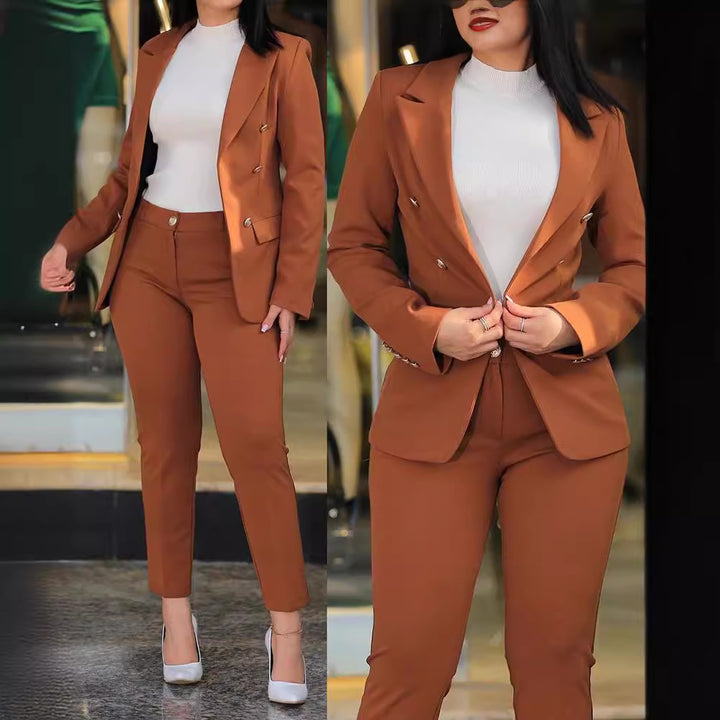 Damen nan tailliertes Business-Hosenanzug-Set mit doppelreihigem Reversblazer und schmal zulaufender Bundhose Drune