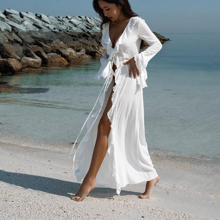 Damen Strandkleid mit raffinierten Rüschen und tiefem V-Ausschnitt Drune