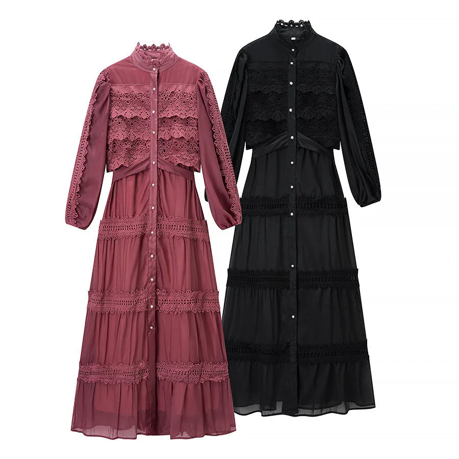 Damen nan romantisches Maxikleid mit Stehkragen, Knopfleiste und gehäkelten Spitzeneinsätzen Drune