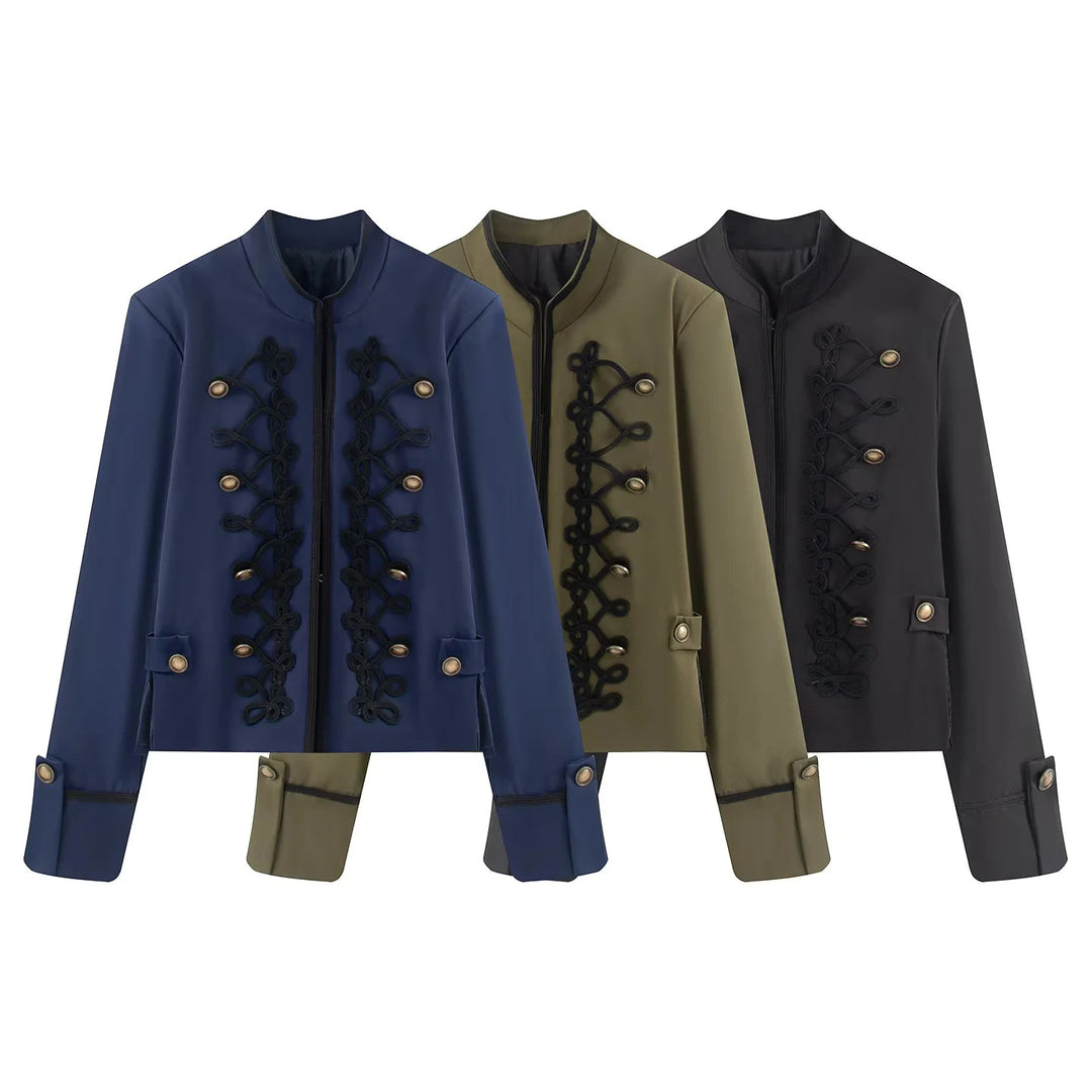 Damen nan kurze Jacke im Uniformstil mit ornamentaler Kordverzierung, Stehkragen und verdecktem Reißverschluss Drune