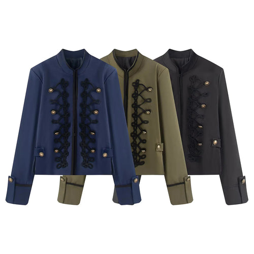 Damen nan kurze Jacke im Uniformstil mit ornamentaler Kordverzierung, Stehkragen und verdecktem Reißverschluss Drune