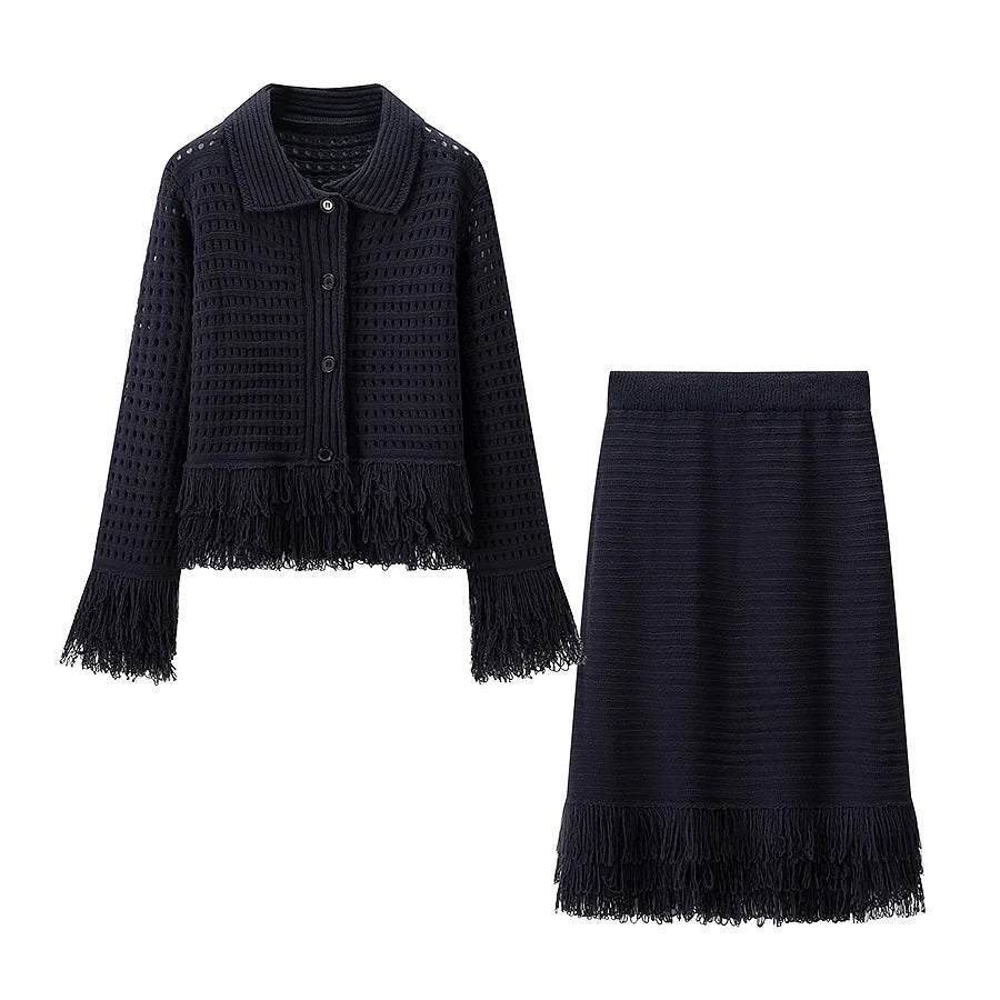 Damen nan gehäkelte Lochstrick-Cardigan mit Fransenbesatz und kastiger Silhouette Drune