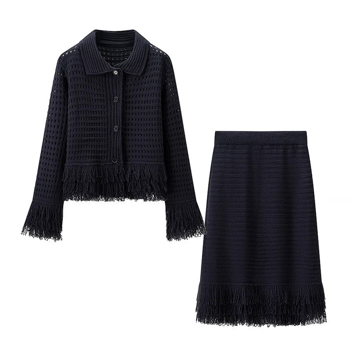 Damen nan gehäkelte Lochstrick-Cardigan mit Fransenbesatz und kastiger Silhouette Drune