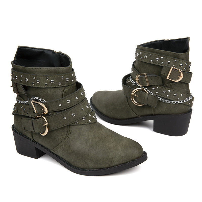 Damen Stiefeletten mit modischen Schnallen und dekorativen Nieten Drune