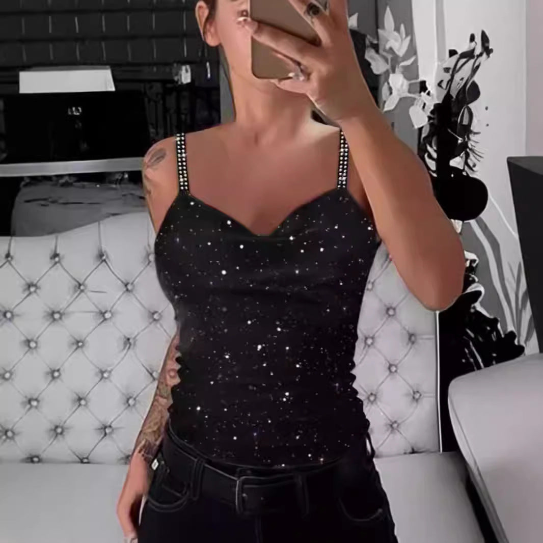 Damen Elegante Spaghetti-Träger Top mit Glitzer-Details Drune