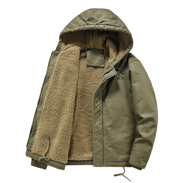 Herren Gefütterte Fieldjacke im Army‑Stil mit Teddyfleece‑Innenfutter und Kapuze Drune