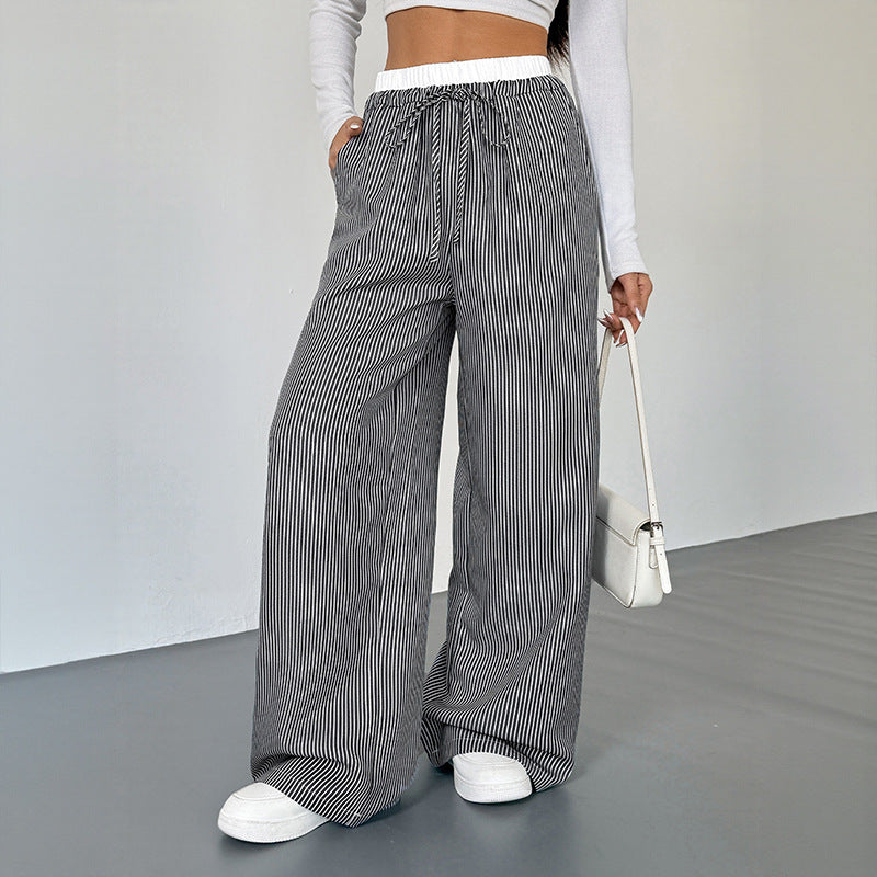 Damen Weite Streifen-Hose im Palazzo-Stil mit Smok-Taillenbund und Kordelzug Drune