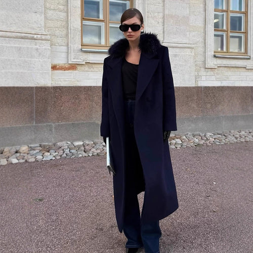 Damen langer Wollmix-Mantel mit großzügigem Kunstpelz‑Schalkragen und Oversize‑Schnitt Drune