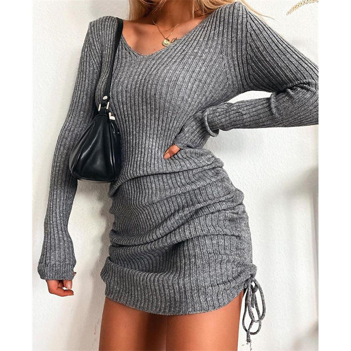 Damen Figurbetontes Rippstrick-Minikleid mit langen Ärmeln und seitlicher Raffung Drune