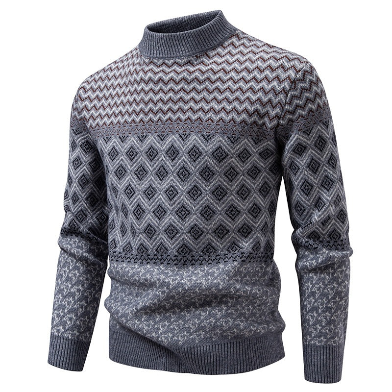 Herren Norwegermuster-Pullover mit Stehkragen und feinem Jacquardstrick Drune